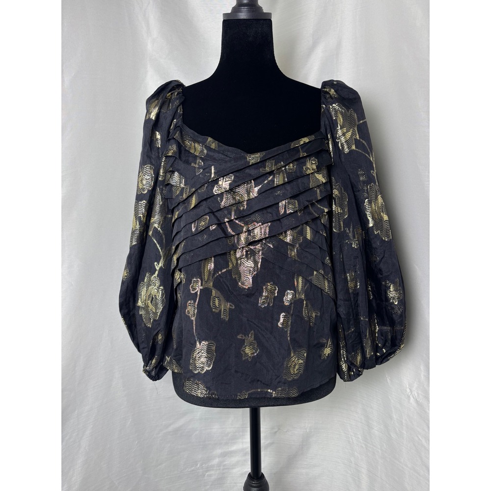 Express Blouse Women Medium Black Gold Metallic Floral Puff Sleeve Pleated Top